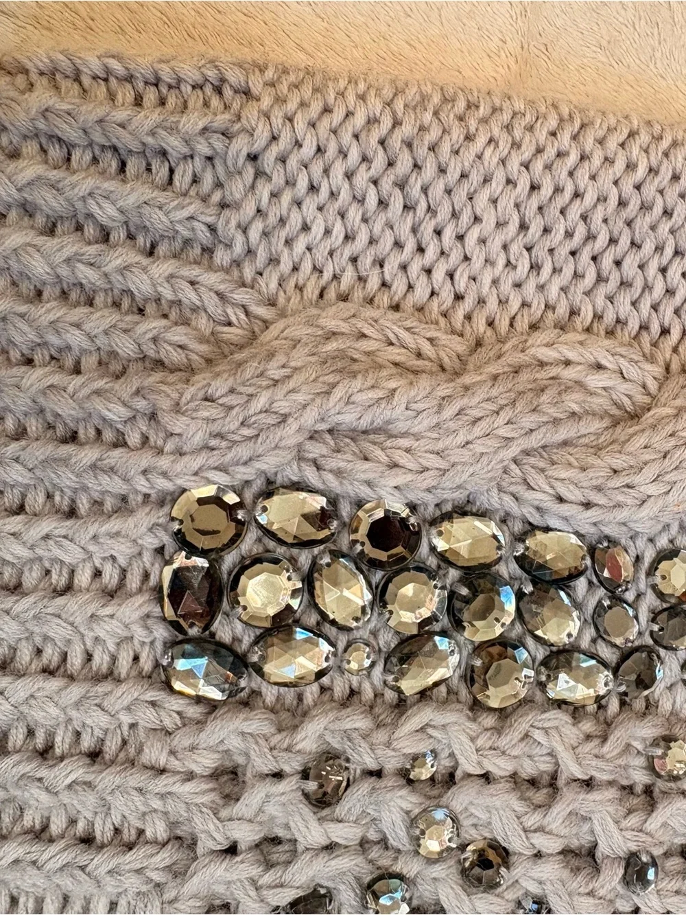 J. Crew Collection Light Gray Cable Knit Crewneck Sweater with Jewels Sequins
